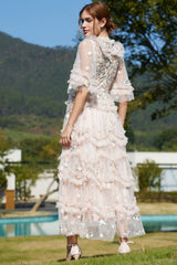 Fairy Tale Floral Embroidered Summer Tiered Ruffle Tulle Evening Maxi Dress - Pink