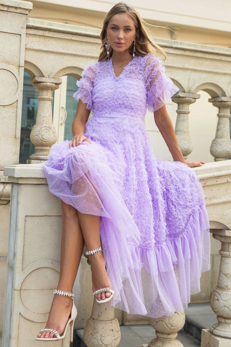Fairy V Neck Flutter Sleeve Star Print Tulle Tiered Ruffle Maxi Gown Dress - Purple
