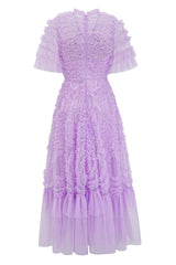 Fairy V Neck Flutter Sleeve Star Print Tulle Tiered Ruffle Maxi Gown Dress - Purple