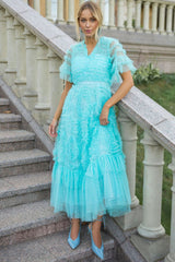 Fairy V Neck Flutter Sleeve Star Print Tulle Tiered Ruffle Maxi Gown Dress - Blue