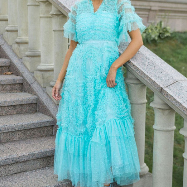 Blue Strapless Princess Tulle Layers Ruffles Long Prom Dress