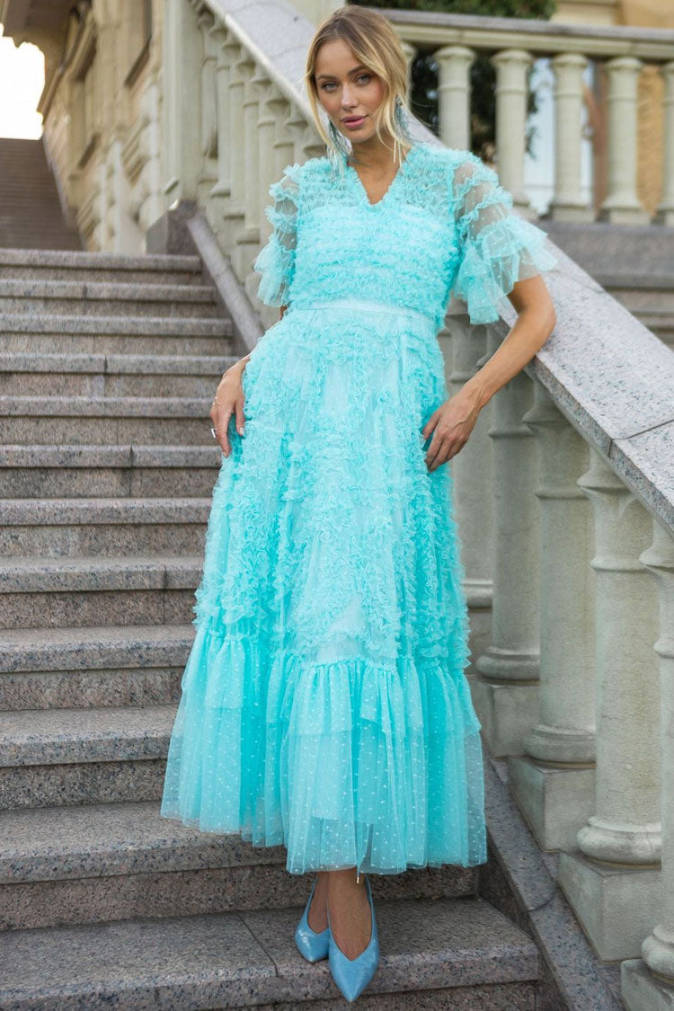 Fairy V Neck Flutter Sleeve Star Print Tulle Tiered Ruffle Maxi Gown Dress - Blue