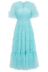 Fairy V Neck Flutter Sleeve Star Print Tulle Tiered Ruffle Maxi Gown Dress - Blue