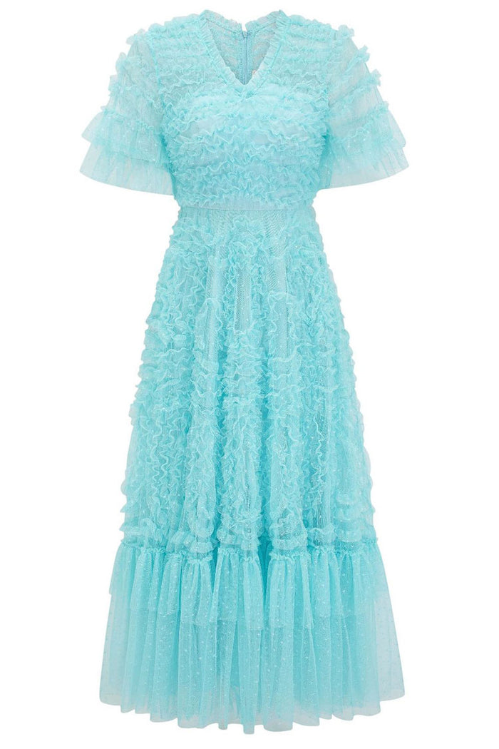 Fairy V Neck Flutter Sleeve Star Print Tulle Tiered Ruffle