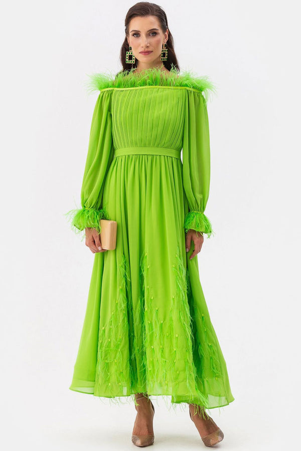 Fairytale Feather Trim Off Shoulder Pleated Chiffon Evening Maxi Dress - Green