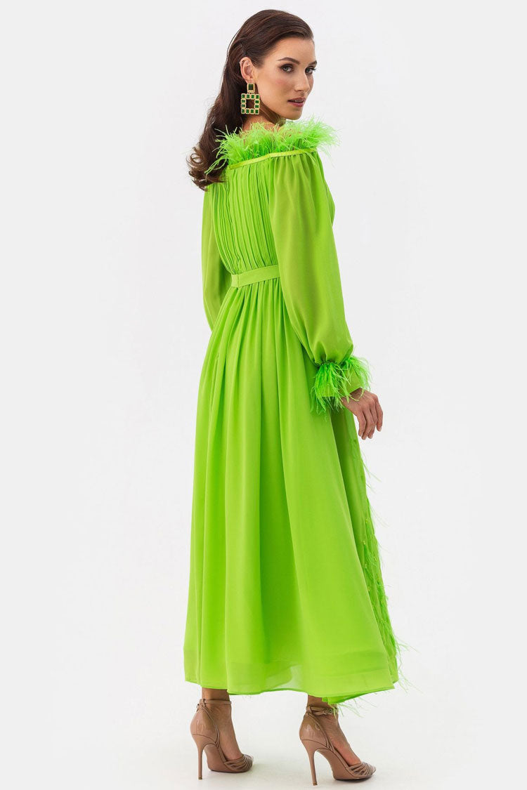 Fairytale Feather Trim Off Shoulder Pleated Chiffon Evening Maxi Dress - Green