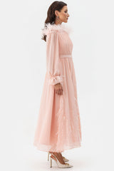 Fairytale Feather Trim Off Shoulder Pleated Chiffon Evening Maxi Dress - Pink