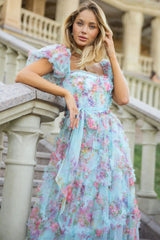 Fairytale Floral Tulle Puff Sleeve Bow Tie Layered Ruffle Maxi Gown Dress - Blue