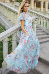 Fairytale Floral Tulle Puff Sleeve Bow Tie Layered Ruffle Maxi Gown Dress - Blue