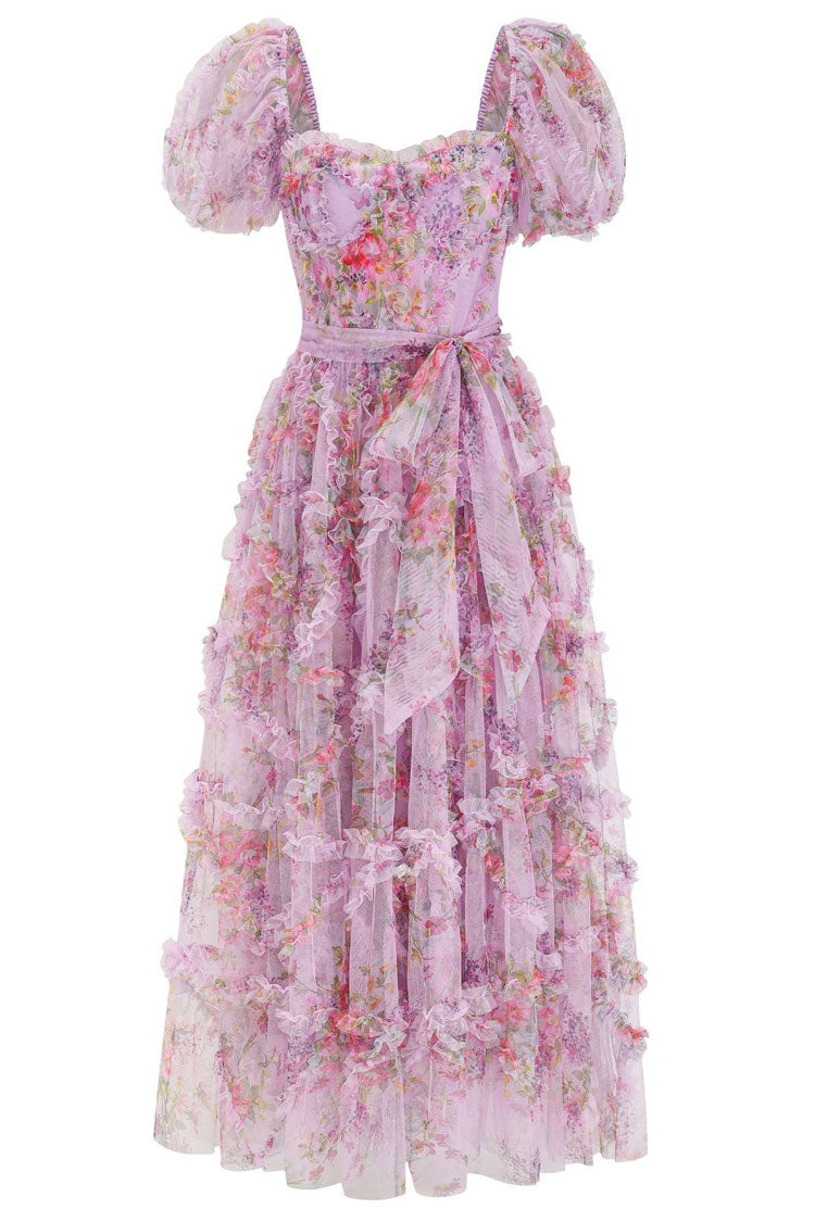Fairytale Floral Tulle Puff Sleeve Bow Tie Layered Ruffle Maxi Gown Dress - Purple