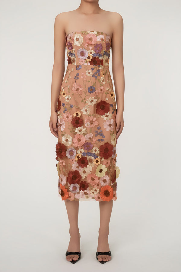 Fairytale Flower Embroidered bodycon Strapless Cocktail Party Midi Dress
