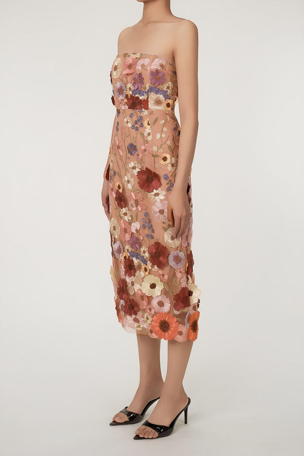 Fairytale Flower Embroidered bodycon Strapless Cocktail Party Midi Dress