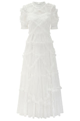 Fairytale Mock Neck Sleeved Dotted Tulle Tiered Ruffle Maxi Gown Dress - White