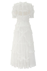 Fairytale Mock Neck Sleeved Dotted Tulle Tiered Ruffle Maxi Gown Dress - White