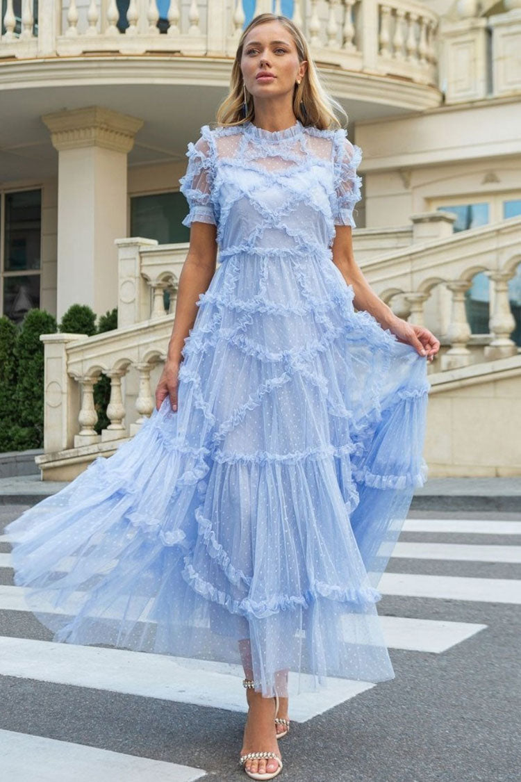 Fairytale Mock Neck Sleeved Dotted Tulle Tiered Ruffle Maxi Gown Dress ...