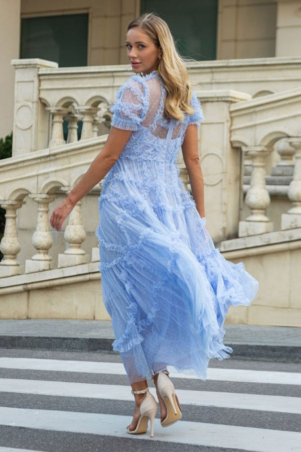 Fairytale Mock Neck Sleeved Dotted Tulle Tiered Ruffle Maxi Gown Dress - Blue