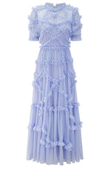 Fairytale Mock Neck Sleeved Dotted Tulle Tiered Ruffle Maxi Gown Dress - Blue