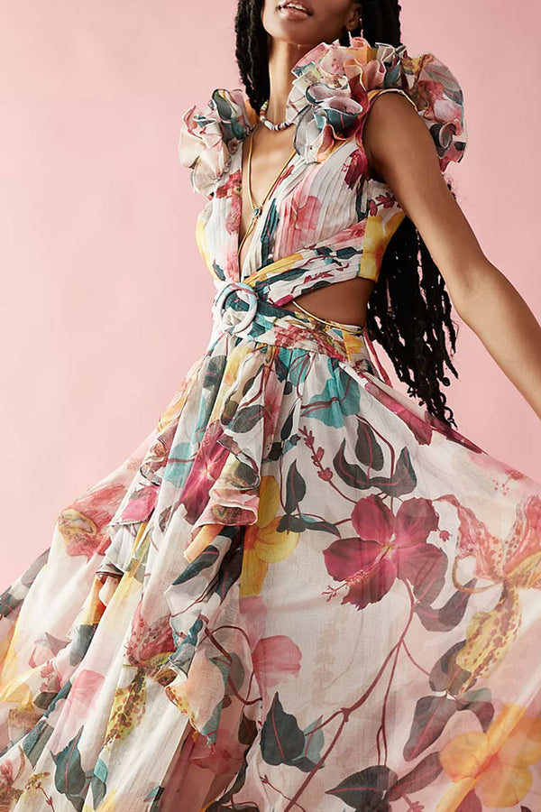 Fairytale Ruffle Trim Deep V Cutout Tie Backless Floral Prom Maxi Dress - Apricot
