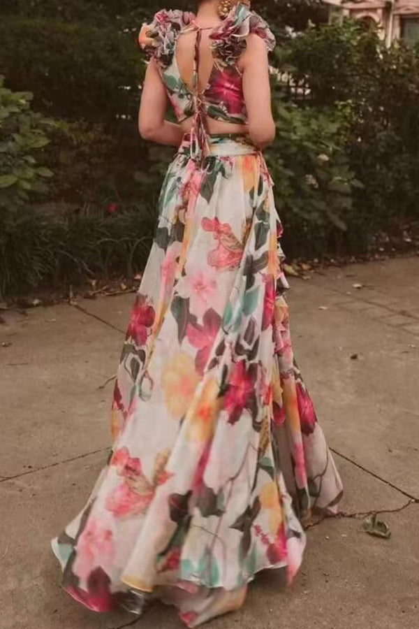 Fairytale Ruffle Trim Deep V Cutout Tie Backless Floral Prom Maxi Dress - Apricot