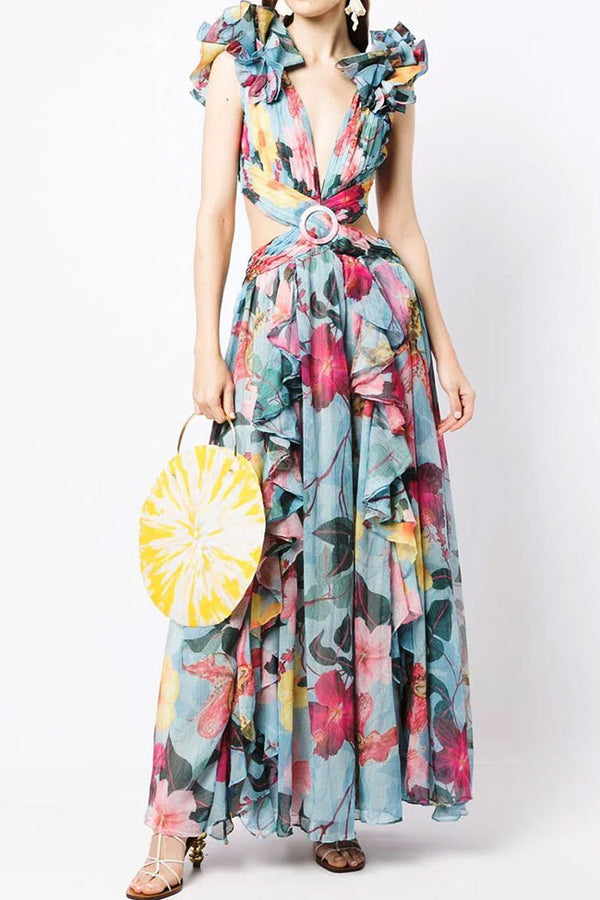 Fairytale Ruffle Trim Deep V Cutout Tie Backless Floral Prom Maxi Dress - Blue