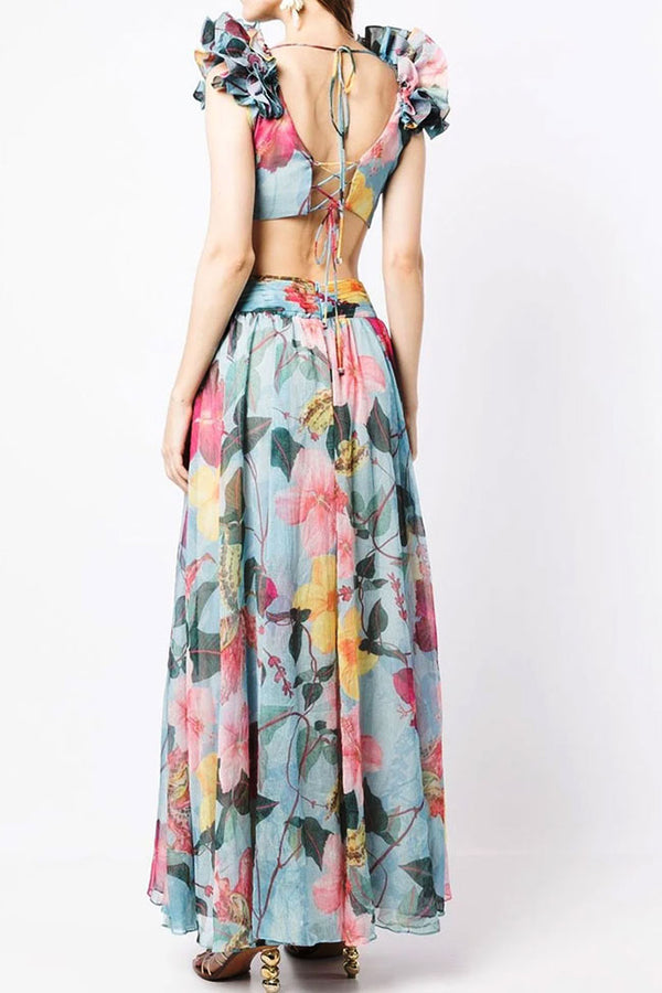 Fairytale Ruffle Trim Deep V Cutout Tie Backless Floral Prom Maxi Dress - Blue