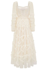 Fairytale Sweetheart Belted Dotted Tulle Layered Ruffle Maxi Gown Dress - Beige