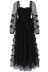 Fairytale Sweetheart Belted Dotted Tulle Layered Ruffle Maxi Gown Dress - Black