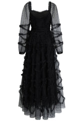 Fairytale Sweetheart Belted Dotted Tulle Layered Ruffle Maxi Gown Dress - Black