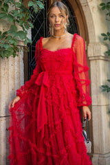 Fairytale Sweetheart Belted Dotted Tulle Layered Ruffle Maxi Gown Dress - Red