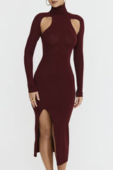 Feminine High Neck Long Sleeve Cutout Split Bodycon Cocktail Party Midi Dress