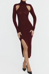 Feminine High Neck Long Sleeve Cutout Split Bodycon Cocktail Party Midi Dress