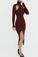 Feminine High Neck Long Sleeve Cutout Split Bodycon Cocktail Party Midi Dress