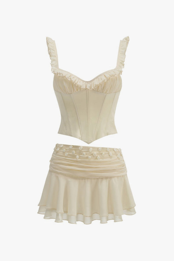 Feminine Ruffle Lace Up Corset Rosette Draped Skirt Two Piece Mini Dress