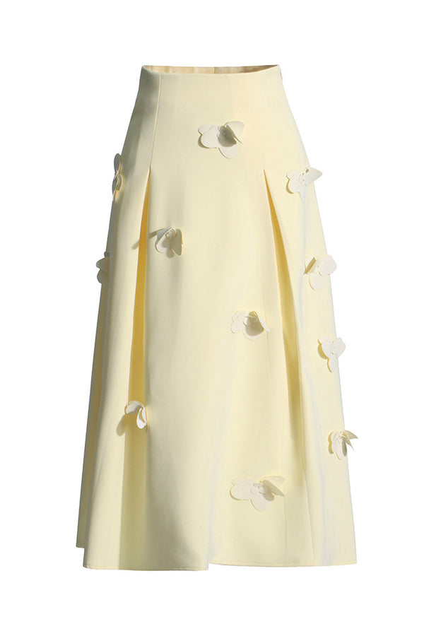 Feminine Solid Color Petal Embellished High Waist Pleated A Line Midi Skirt