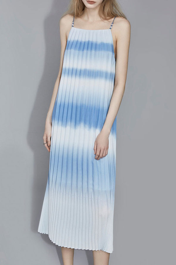 Flowing Gradient Striped A Line Sleeveless Pleated Slip Midi Dress - Sky Blue