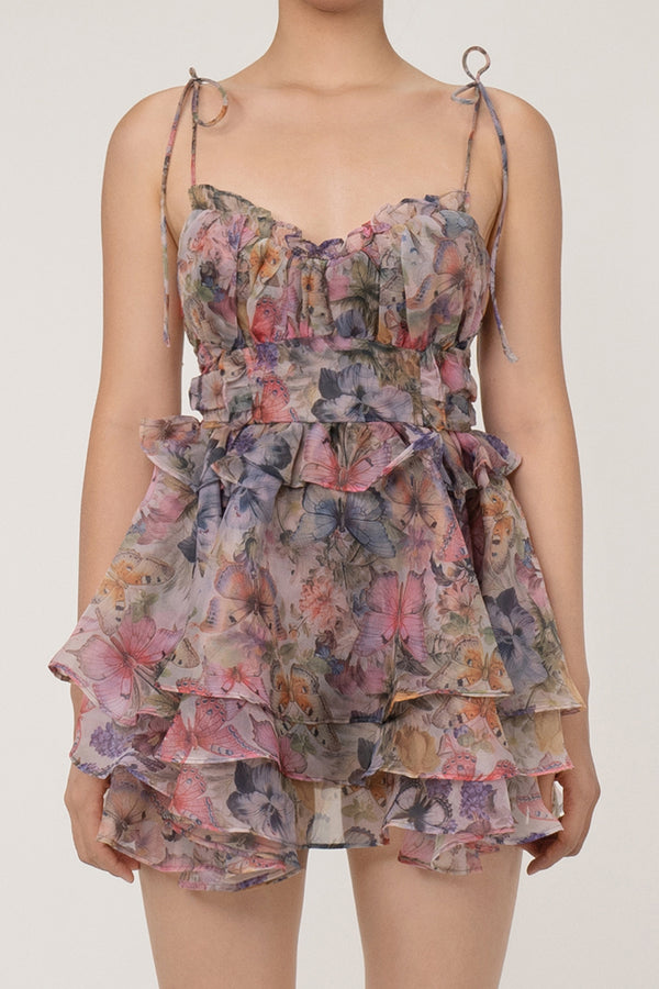 Flowy Butterfly Plunge Tie Strap Lace Up Summer Tiered Ruffle Mini Sundress