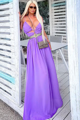 Flowy Deep V Cutout Ruched Sleeveless Chiffon Evening Maxi Dress - Purple