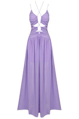 Flowy Deep V Cutout Ruched Sleeveless Chiffon Evening Maxi Dress - Purple