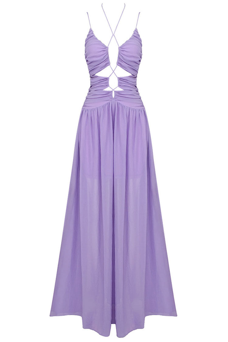 Flowy Deep V Cutout Ruched Sleeveless Chiffon Evening Maxi Dress - Purple