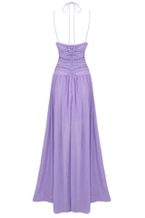 Flowy Deep V Cutout Ruched Sleeveless Chiffon Evening Maxi Dress - Purple