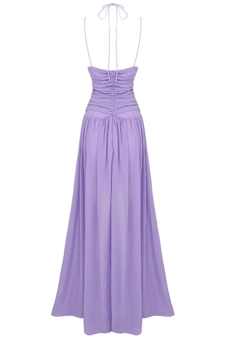 Flowy Deep V Cutout Ruched Sleeveless Chiffon Evening Maxi Dress - Purple