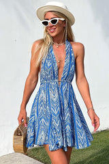 Flowy Deep V Halter Backless Ethnic Print Beach Vacation Mini Dress - Blue