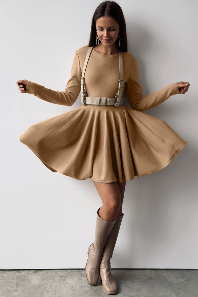 Flowy French Style Crew Neck Long Sleeve Fit and Flare Sweater Mini Dress - Khaki