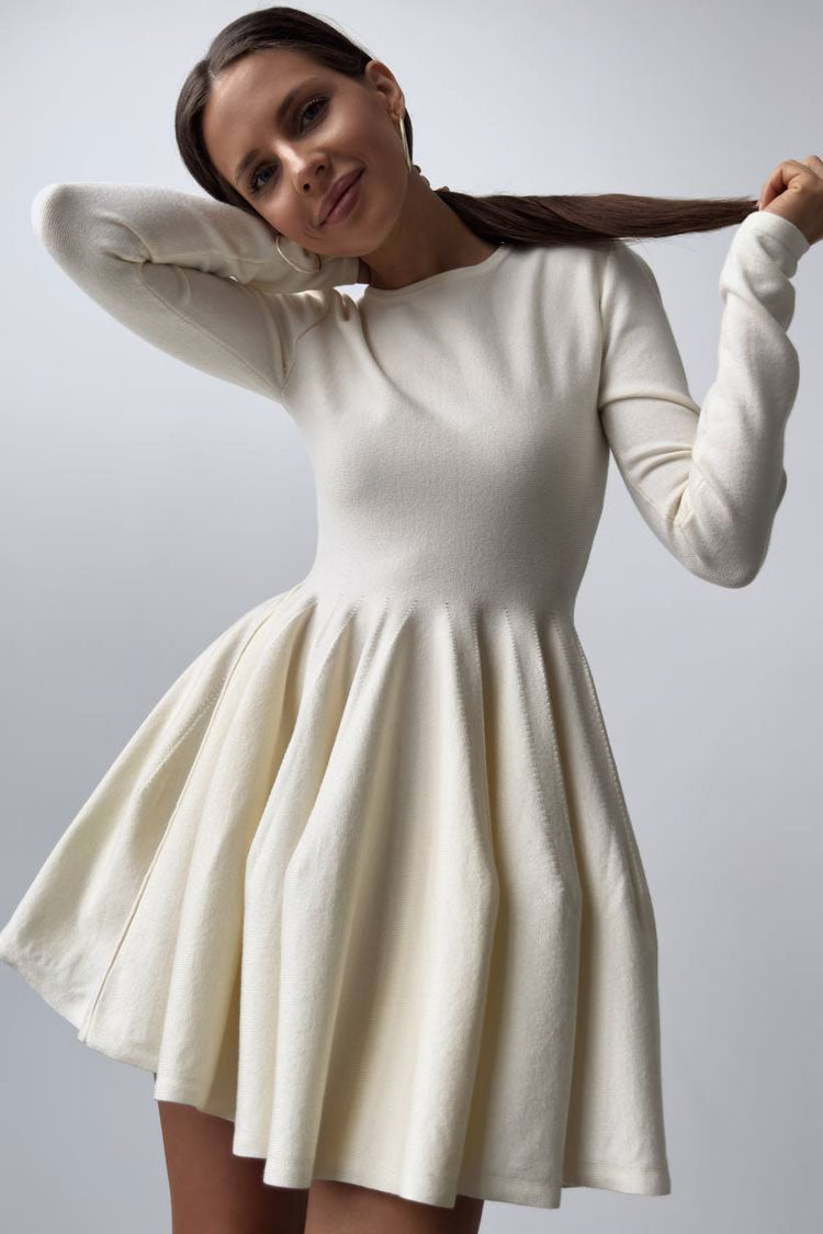 Flowy French Style Crew Neck Long Sleeve Fit and Flare Sweater Mini Dress - White