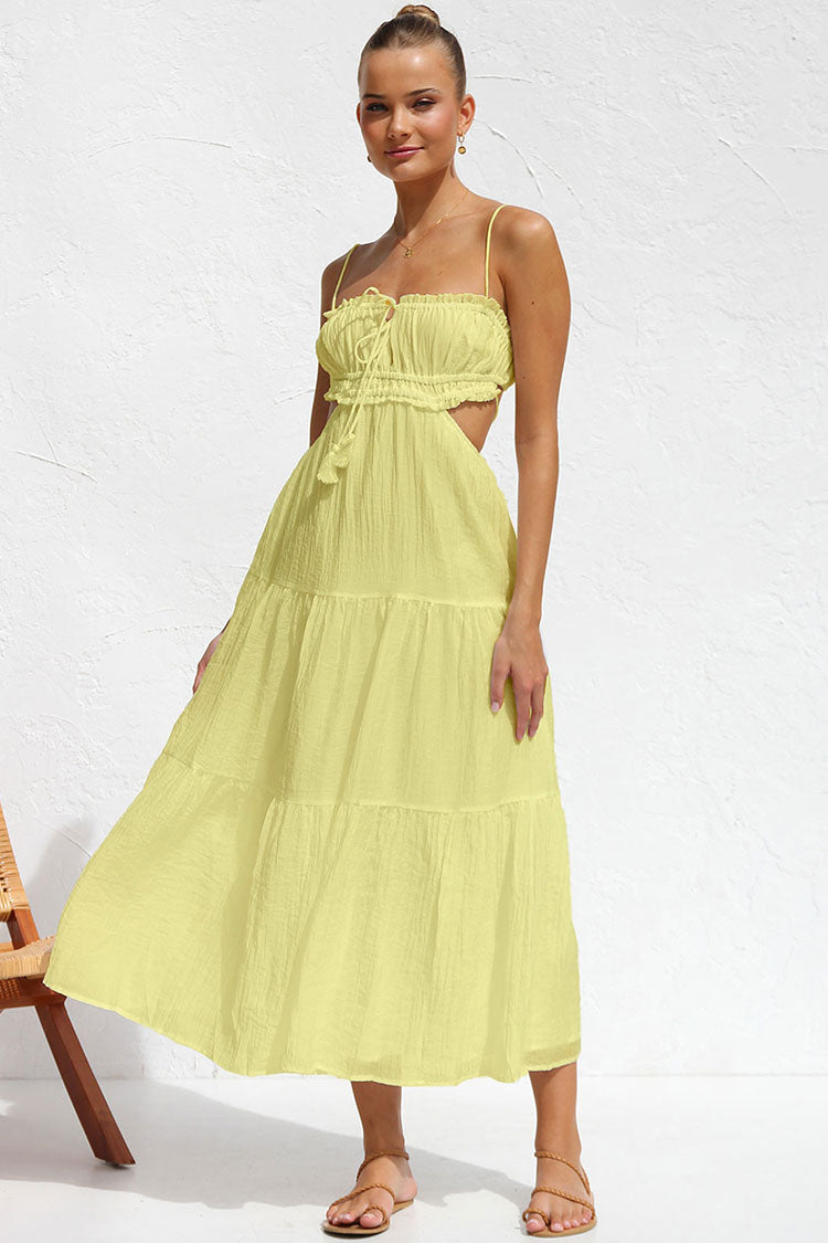 Flowy Frilled Tie Neck Cutout Ruched Flared Summer Midi Sundress - Yellow