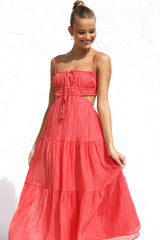 Flowy Frilled Tie Neck Cutout Ruched Flared Summer Midi Sundress - Watermelon