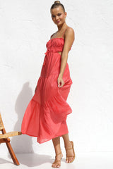Flowy Frilled Tie Neck Cutout Ruched Flared Summer Midi Sundress - Watermelon