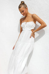 Flowy Frilled Tie Neck Cutout Ruched Flared Summer Midi Sundress - White