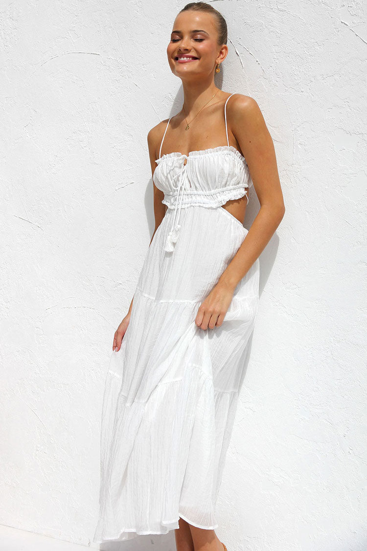 Flowy Frilled Tie Neck Cutout Ruched Flared Summer Midi Sundress - White