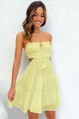 Flowy Frilled Tie Neck Cutout Ruched Flared Summer Mini Sundress - Yellow